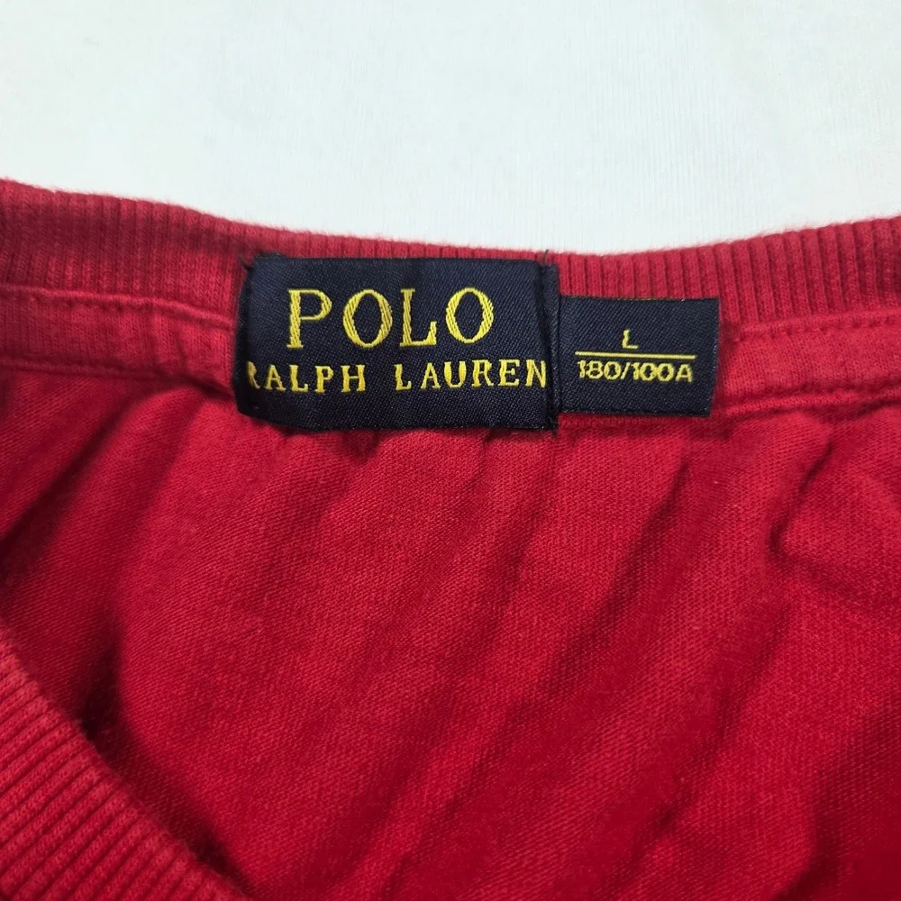 Polo Ralph Lauren Mens Red Black Stripe Sleeve Crest Graphic T-Shirt Large